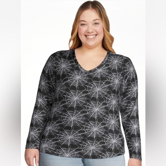 No Boundaries Tops - No Boundaries Halloween Cobweb Long Sleeve V-Neck Tee Spiderweb Top, Spooky Goth